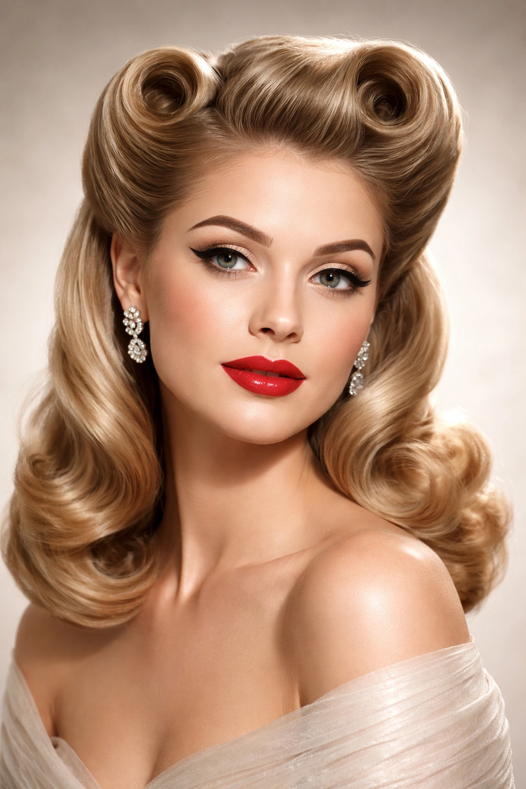 Portrait of a woman with two victory rolls framing the face