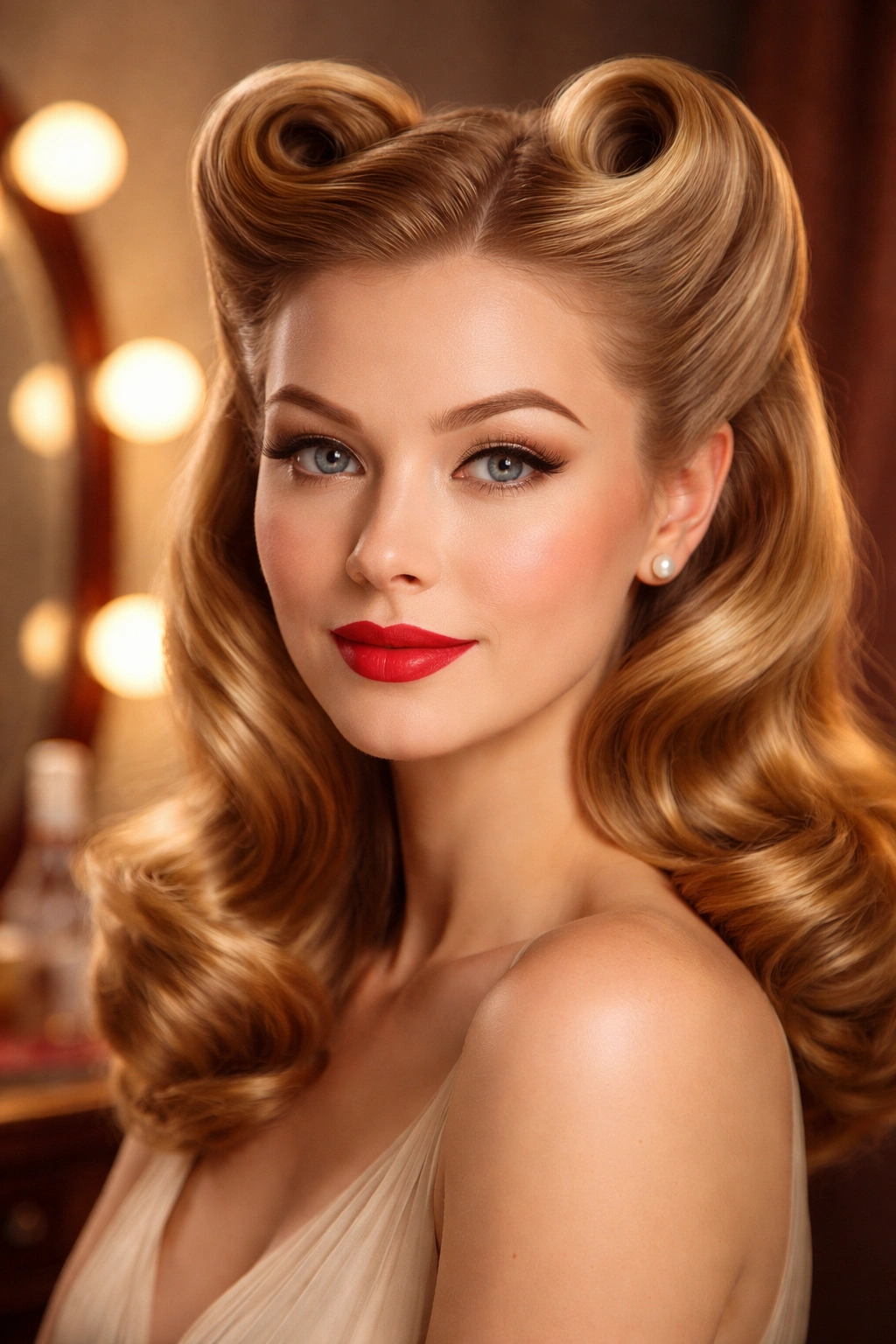 Portrait of victory rolls hairstyle with symmetrical rolls at temples