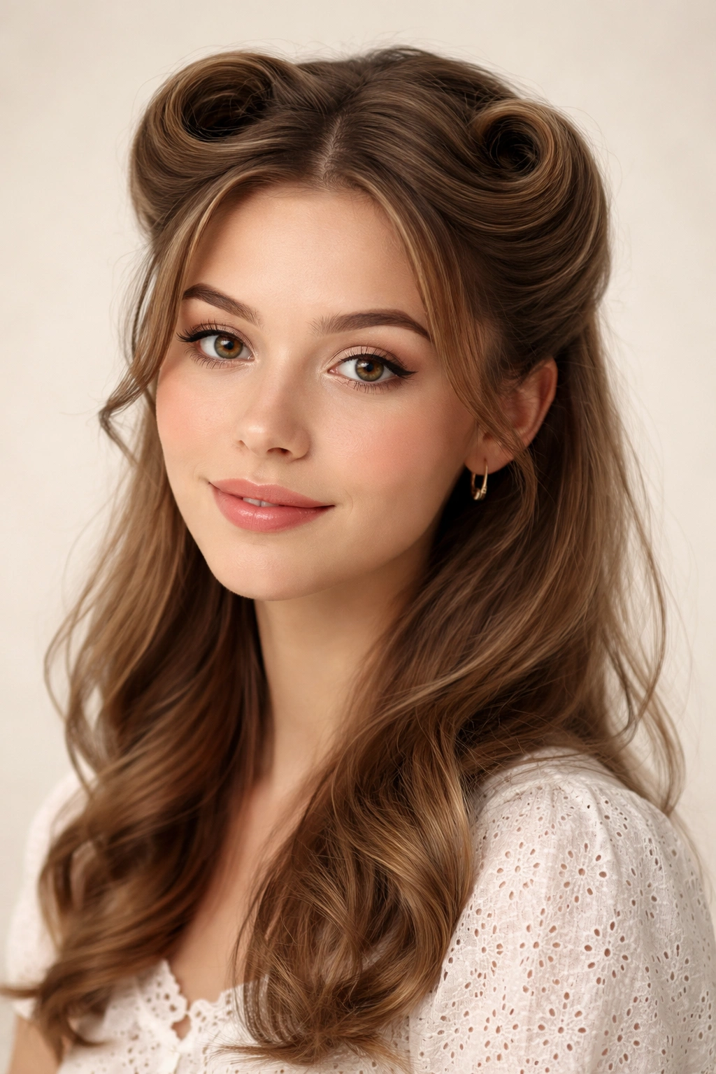 Close-up of simple victory rolls on front hair for a retro school hairstyle