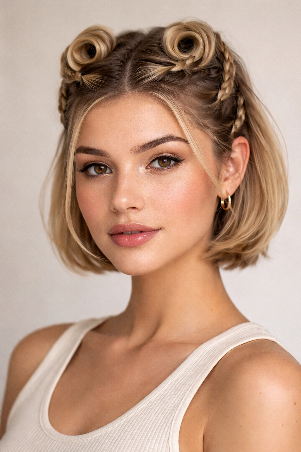 Two side braids curled into victory rolls at the crown of a short hairstyle