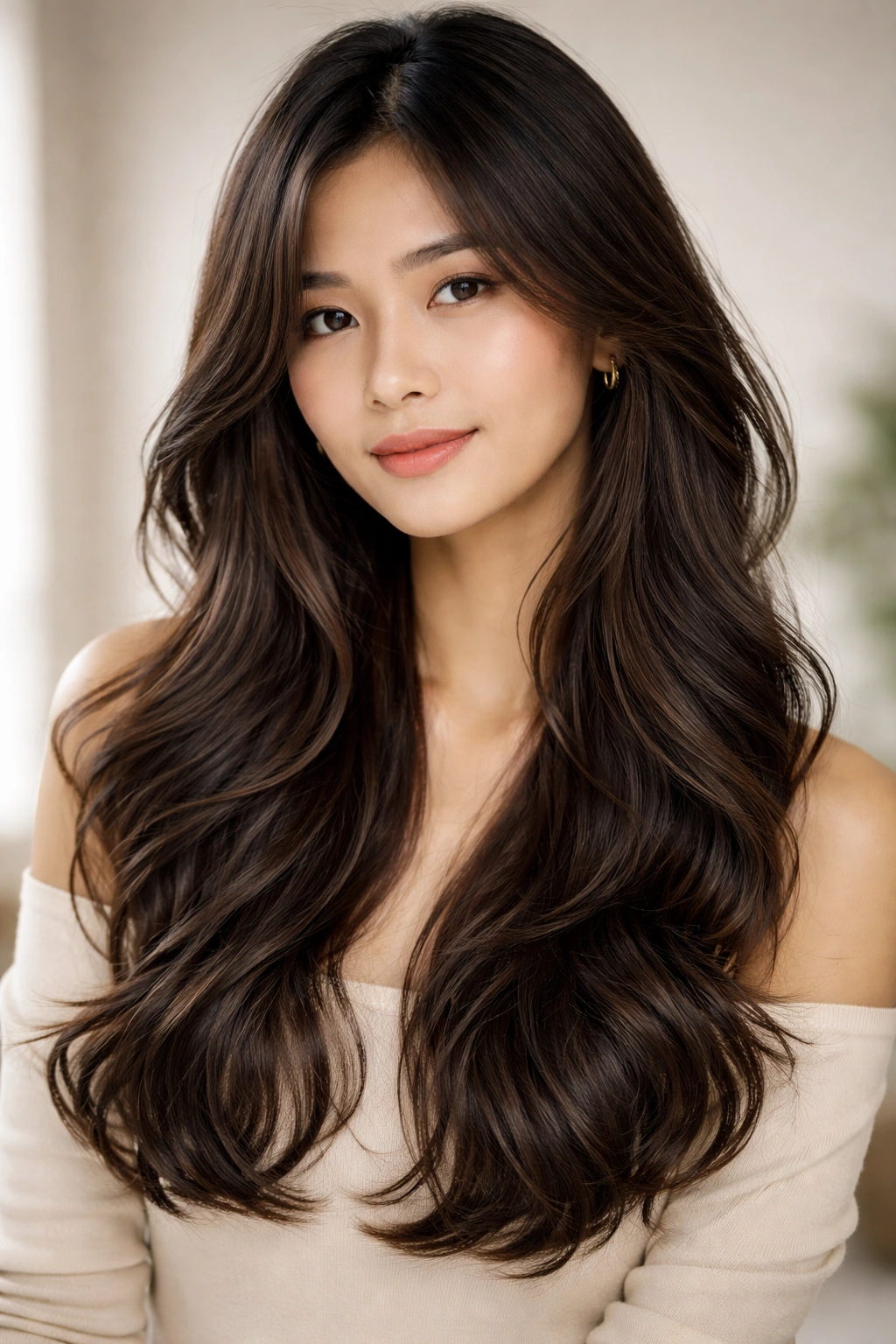 Portrait of layered waves framing the face with soft, natural movement
