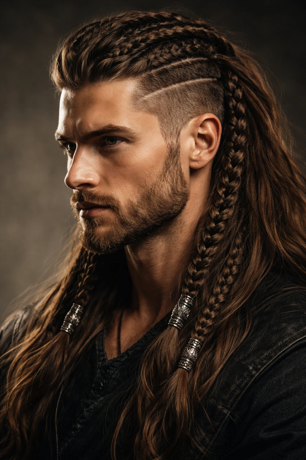Male with Viking braids and long top hair in a studio setting