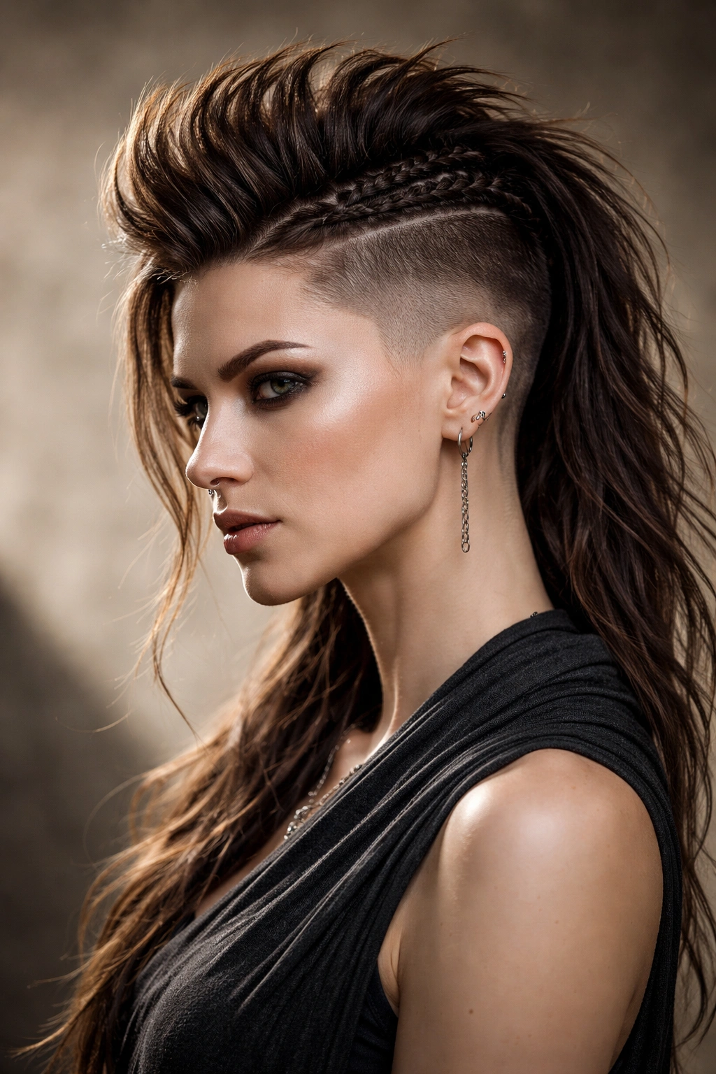 Portrait of a person with a Viking-inspired faux hawk and undercut fade in studio lighting