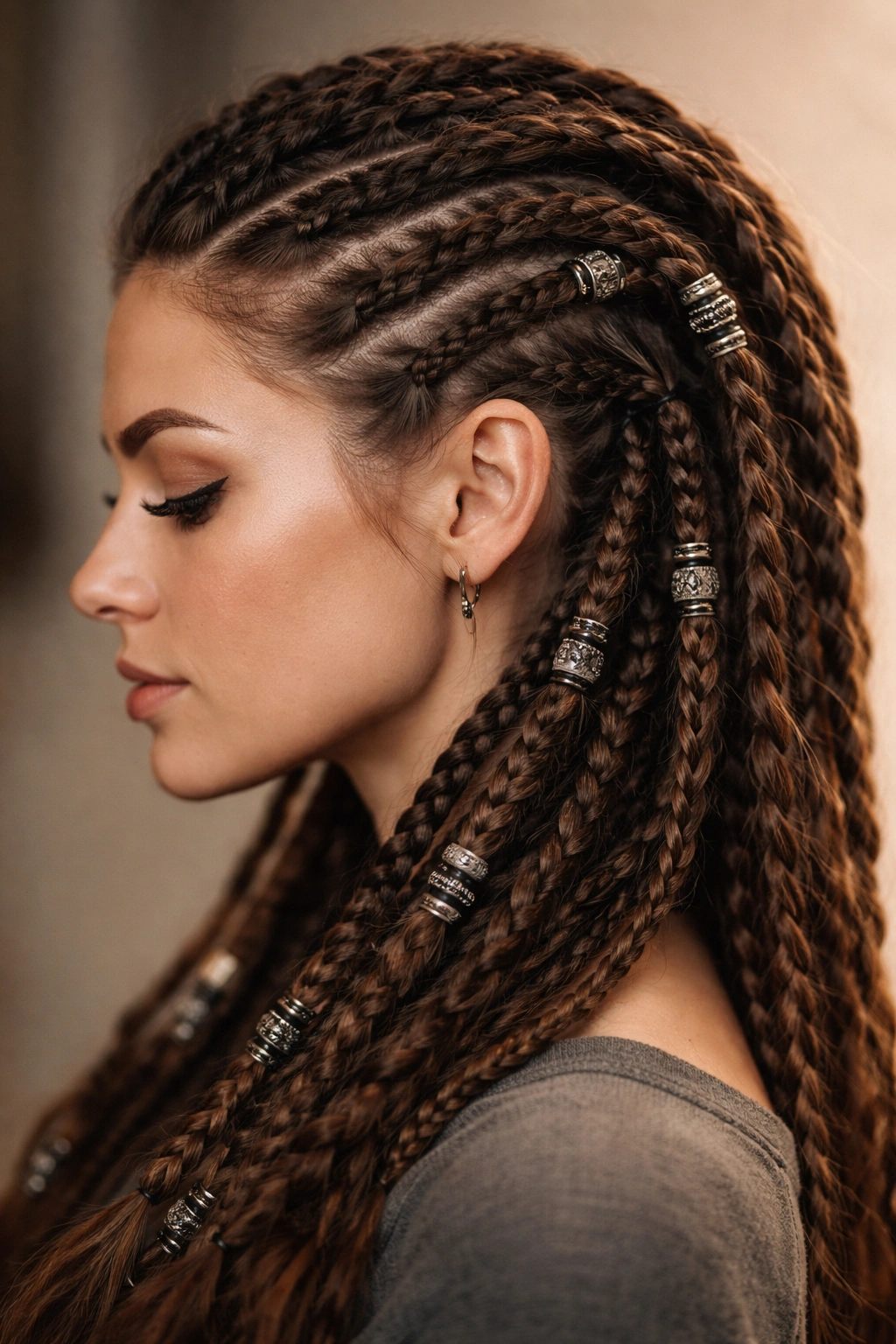 Portrait of a head fully braided in Viking-style protective braids with beads in studio lighting