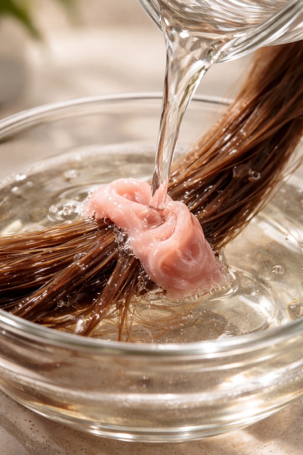 Hair strand with gum softened by vinegar soak; close-up
