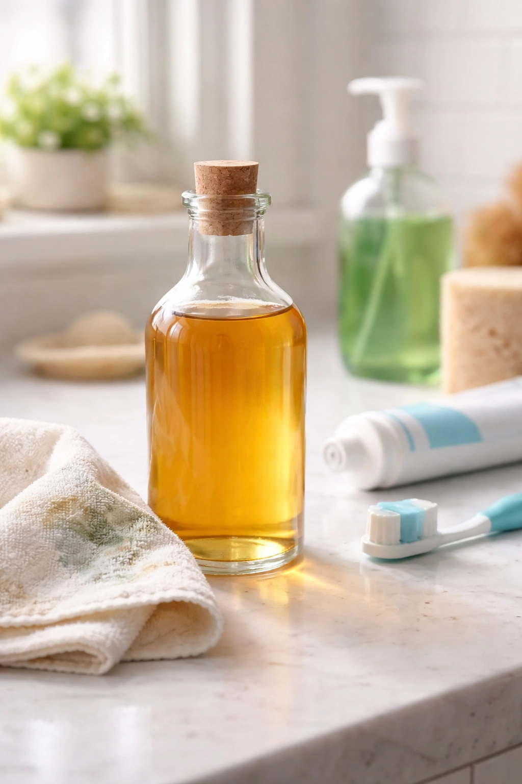 Apple cider vinegar bottle with damp cloth on bathroom counter for paint removal