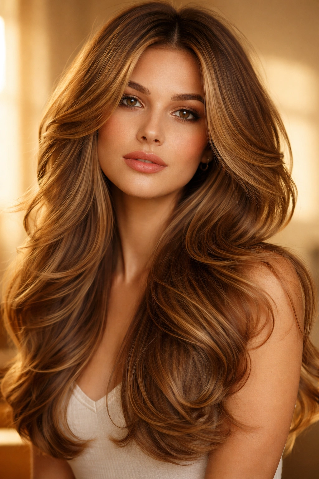 Close-up of vintage butterfly haircut with soft '70s waves and warm caramel tones.