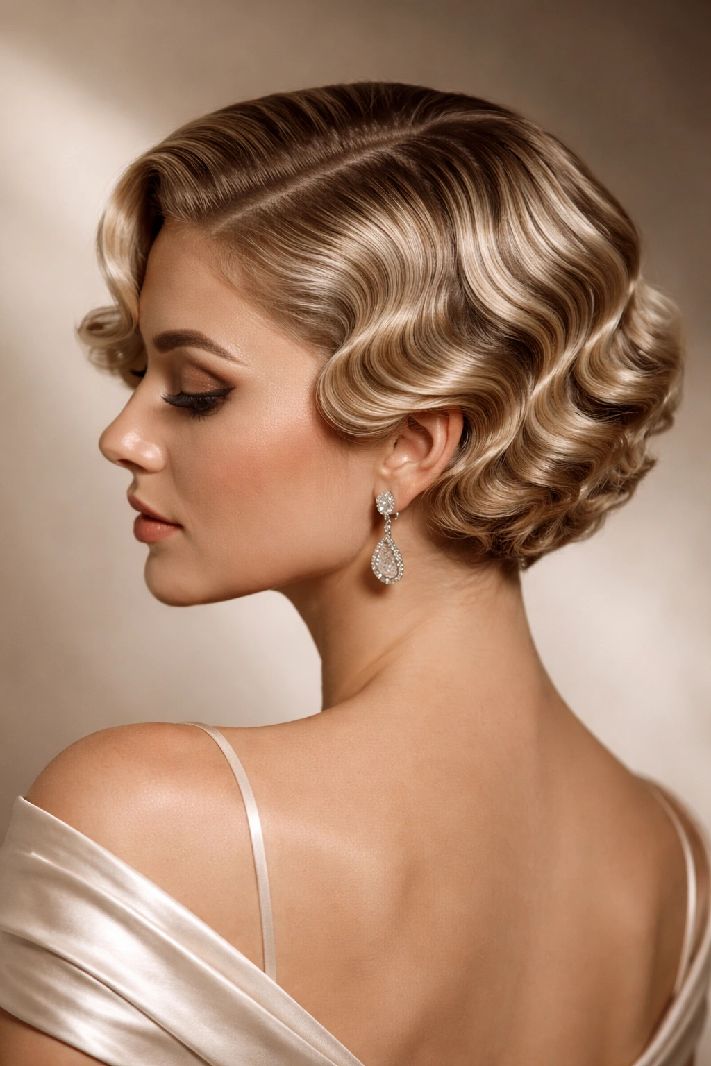 Close-up of short hair sculpted into classic vintage finger waves