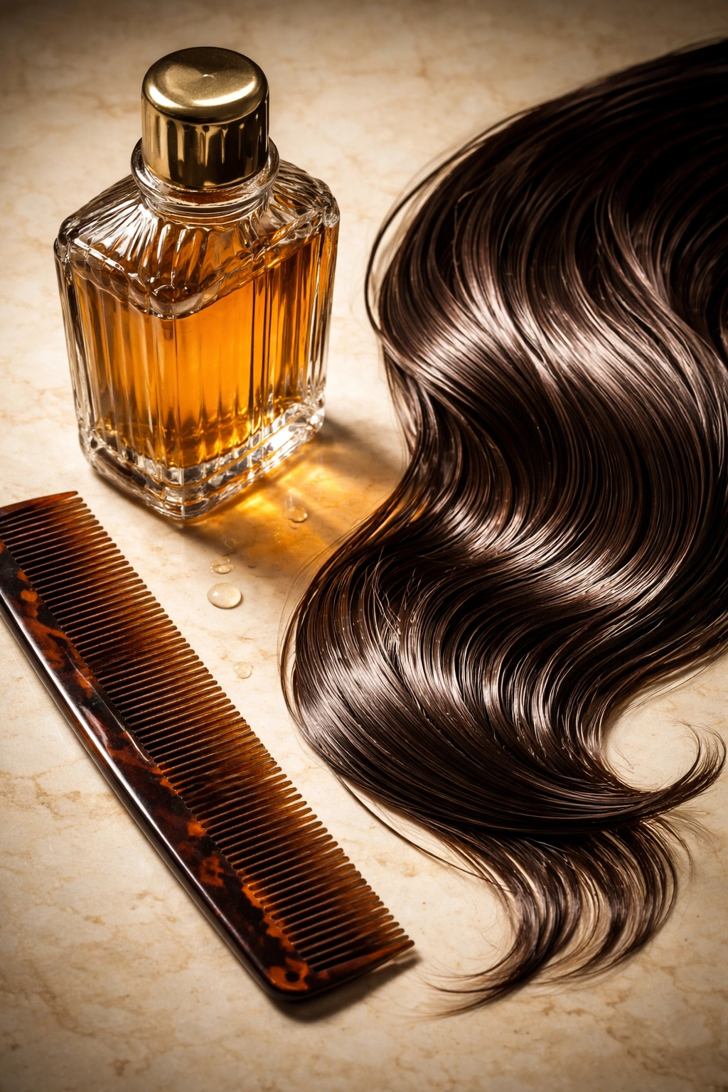 Vintage grooming bottle and comb with glossy hair texture