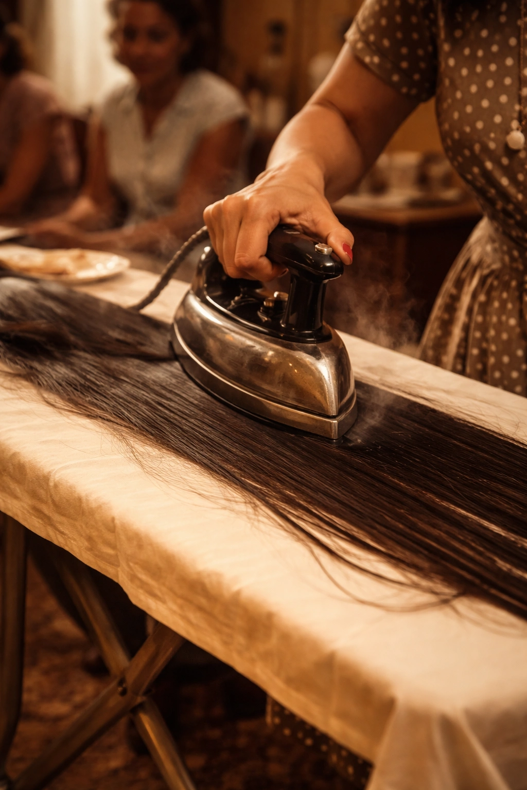 Vintage hair ironing scene using a clothes iron on an ironing board