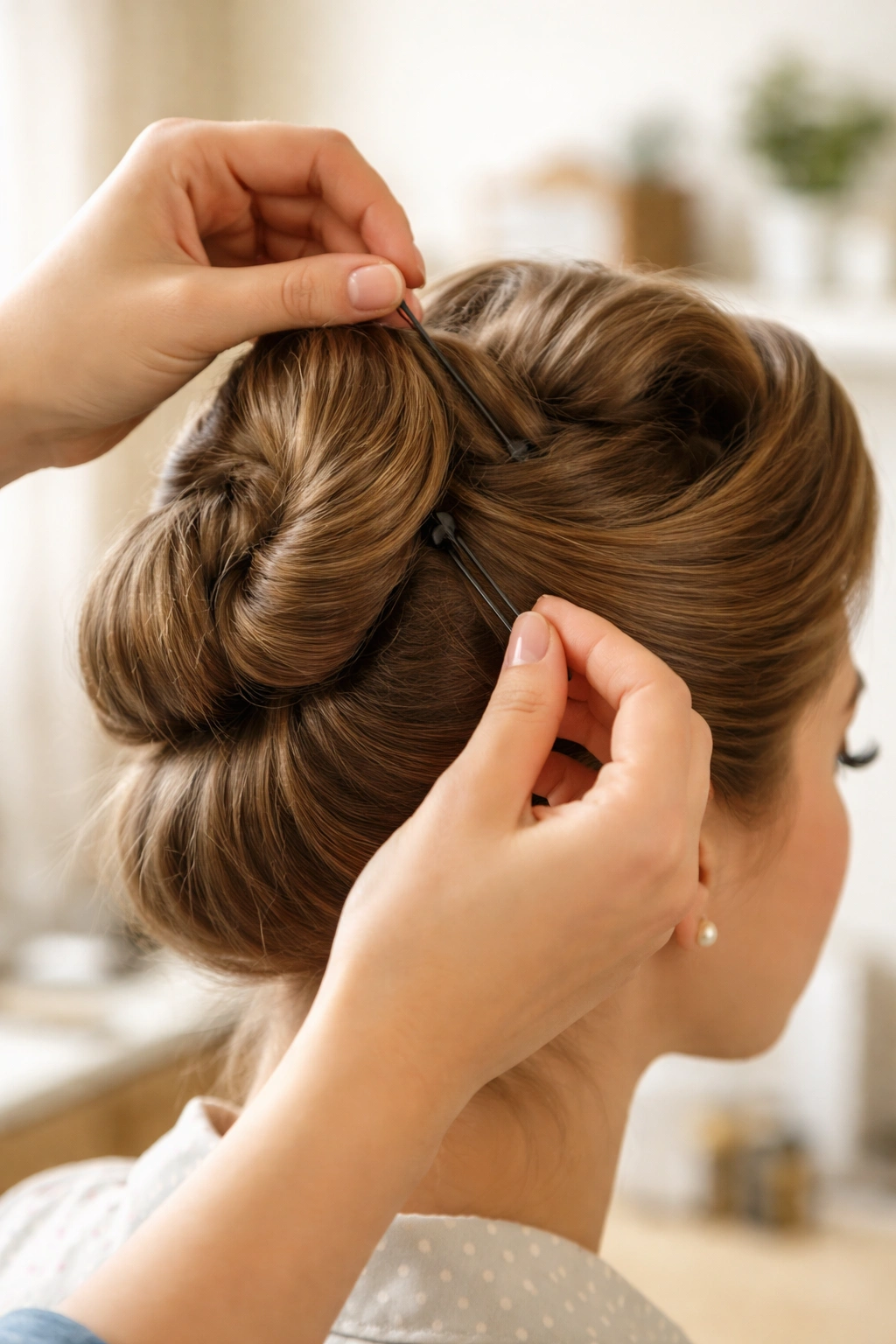 Hands with bobby pins styling vintage updo