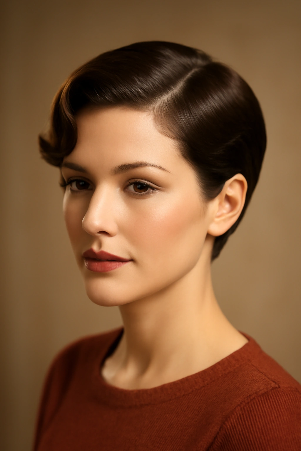 Bust-length portrait of a vintage-inspired pixie with waves and defined part