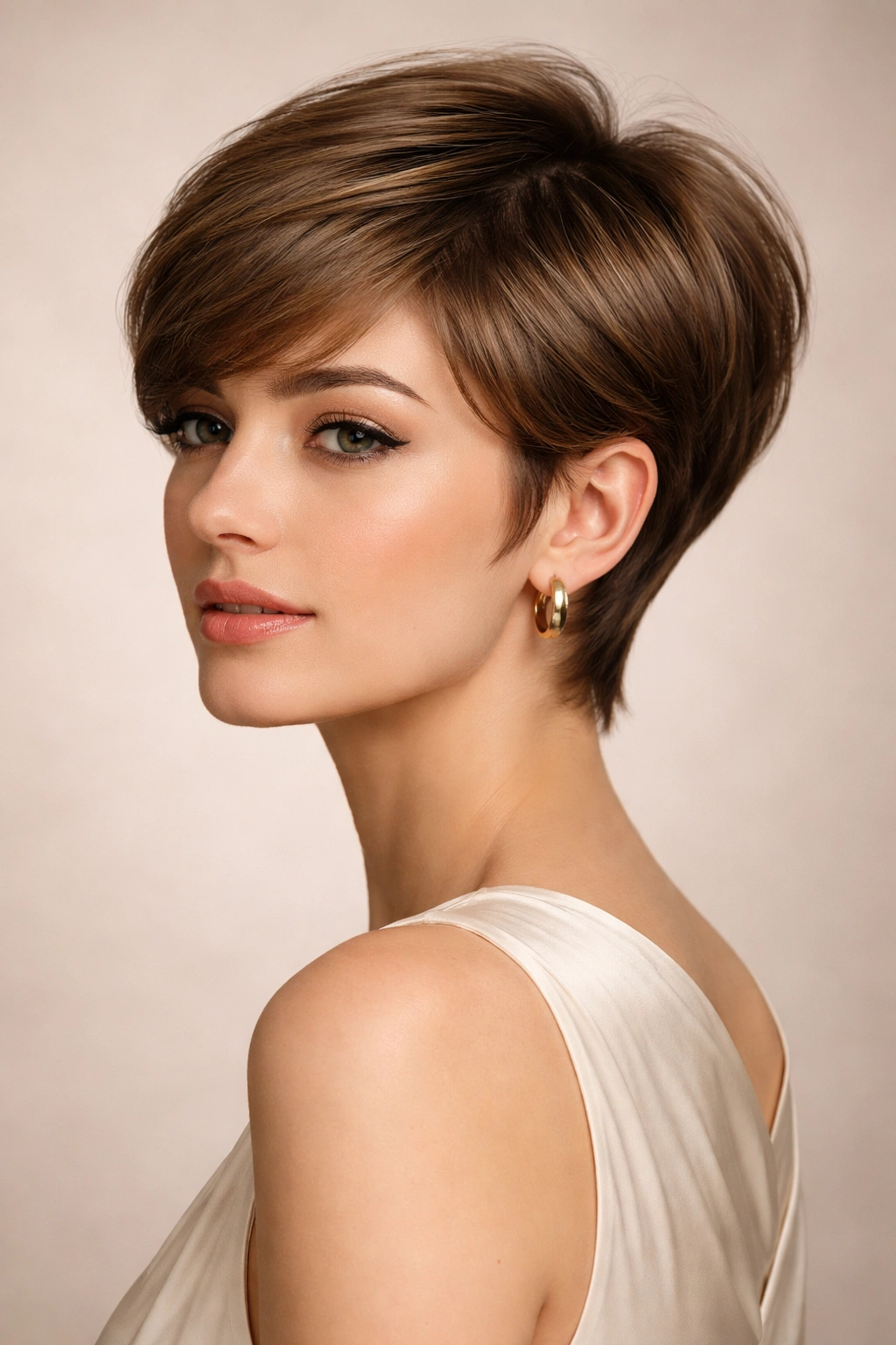 Vintage-inspired pixie hairstyle with soft layers and shaped nape.