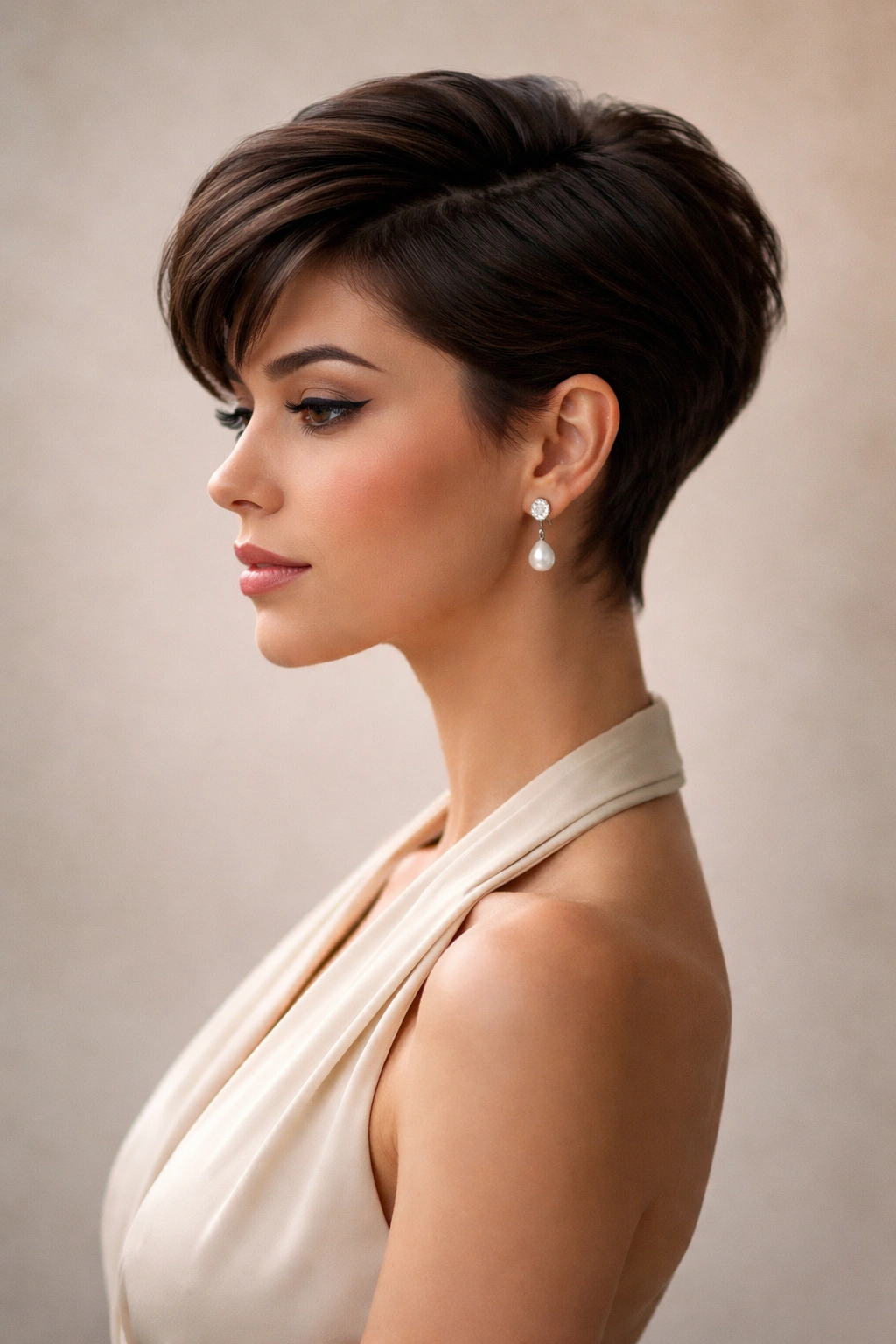 Close-up profile of a woman with a vintage-inspired pixie, sleek and precise