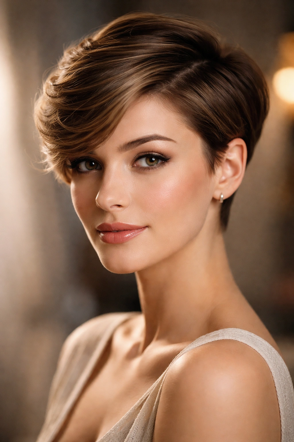 Vintage-inspired pixie with a deep side part and voluminous longer side