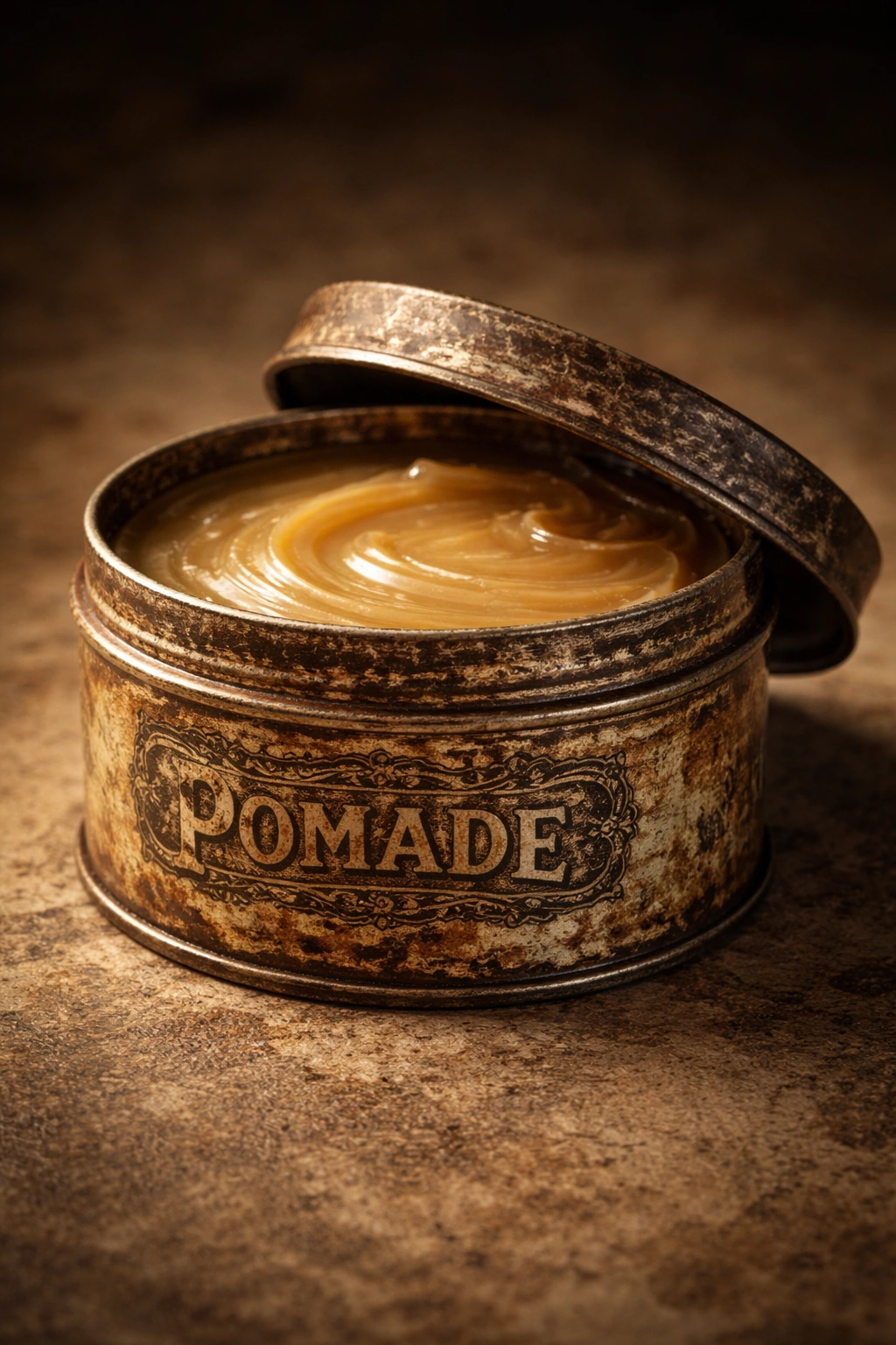 Close-up of a vintage pomade tin with patina on a neutral background.