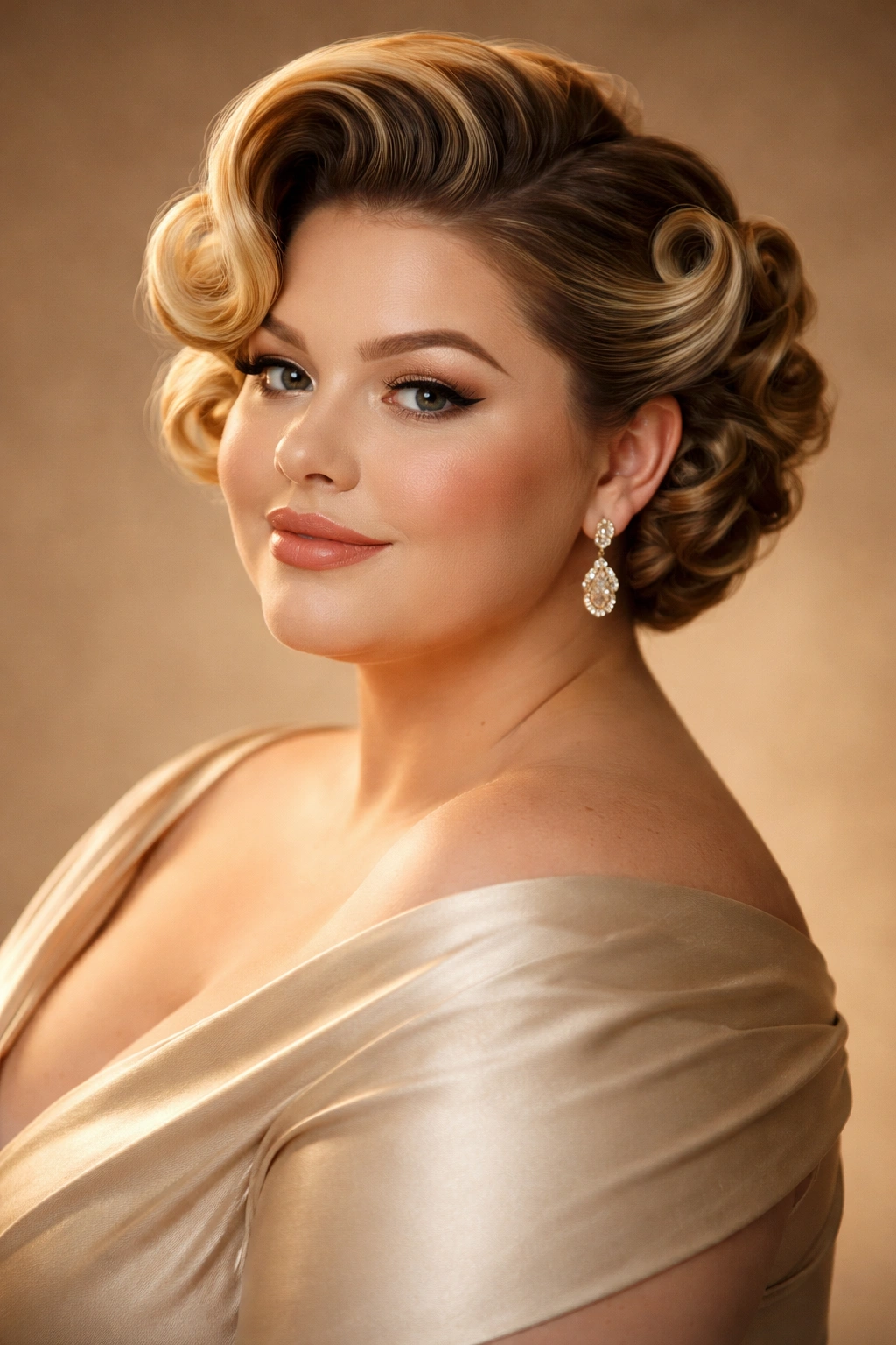 Portrait of a woman with vintage-inspired waves and rolls hairstyle
