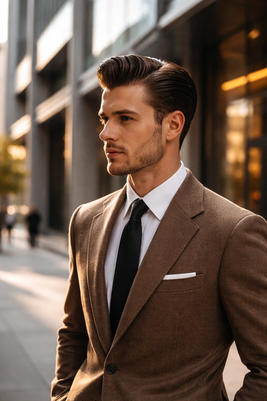 Man with vintage slicked-back hairstyle in a modern urban setting