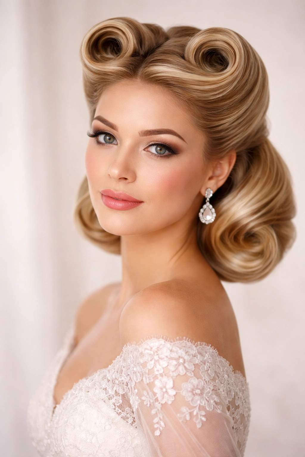 Close-up of vintage victory rolls hairstyle with two symmetrical rolls framing the face