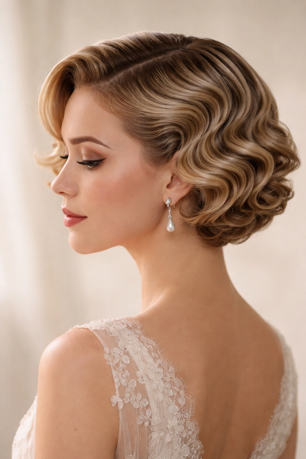 Close-up of short hair styled with vintage waves and sculpted pins.