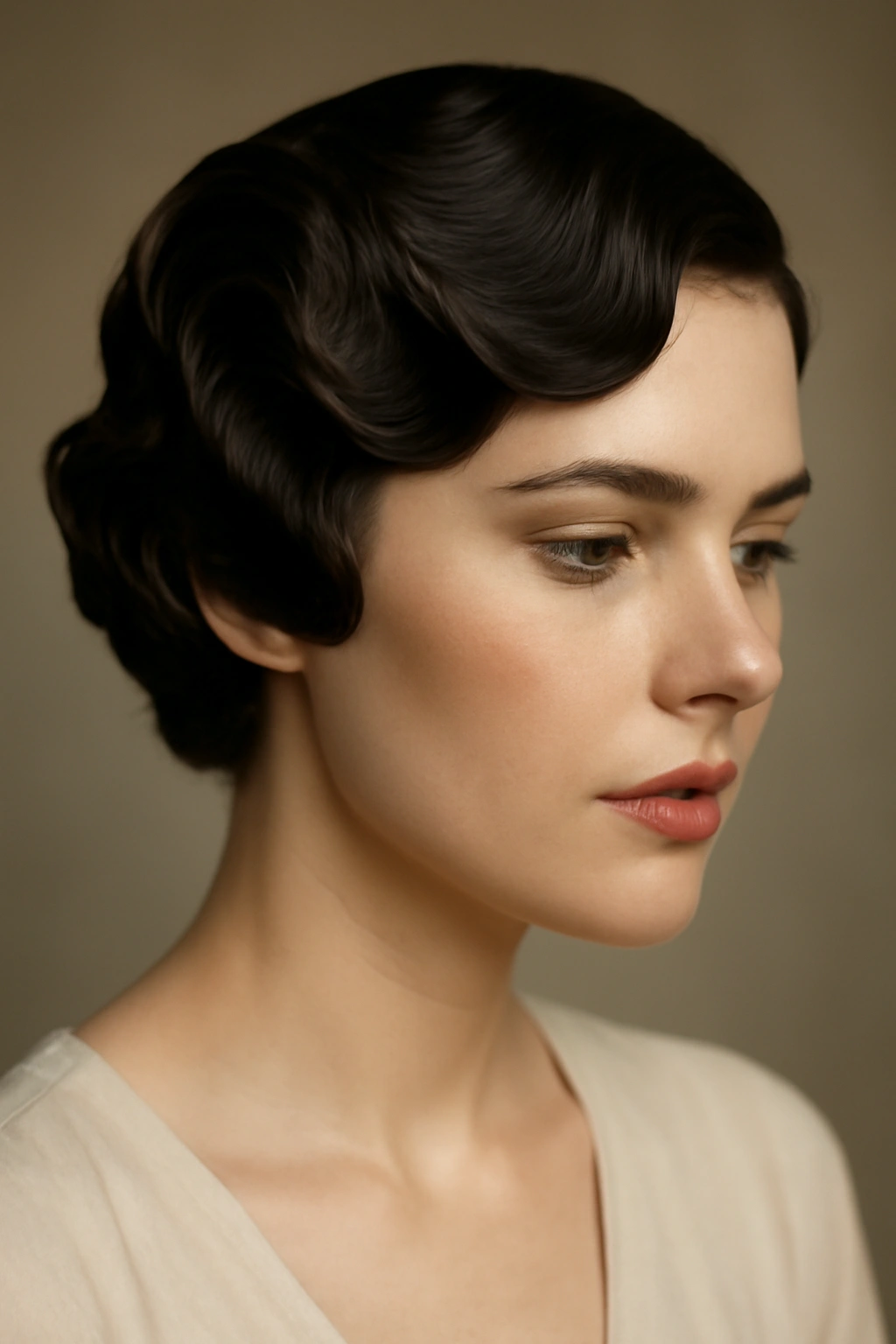 15 Short Hairstyles Any Bridesmaid Can Pull Off 13 Close up portrait of a model with vintage waves in short hair featuring 1940s finger waves