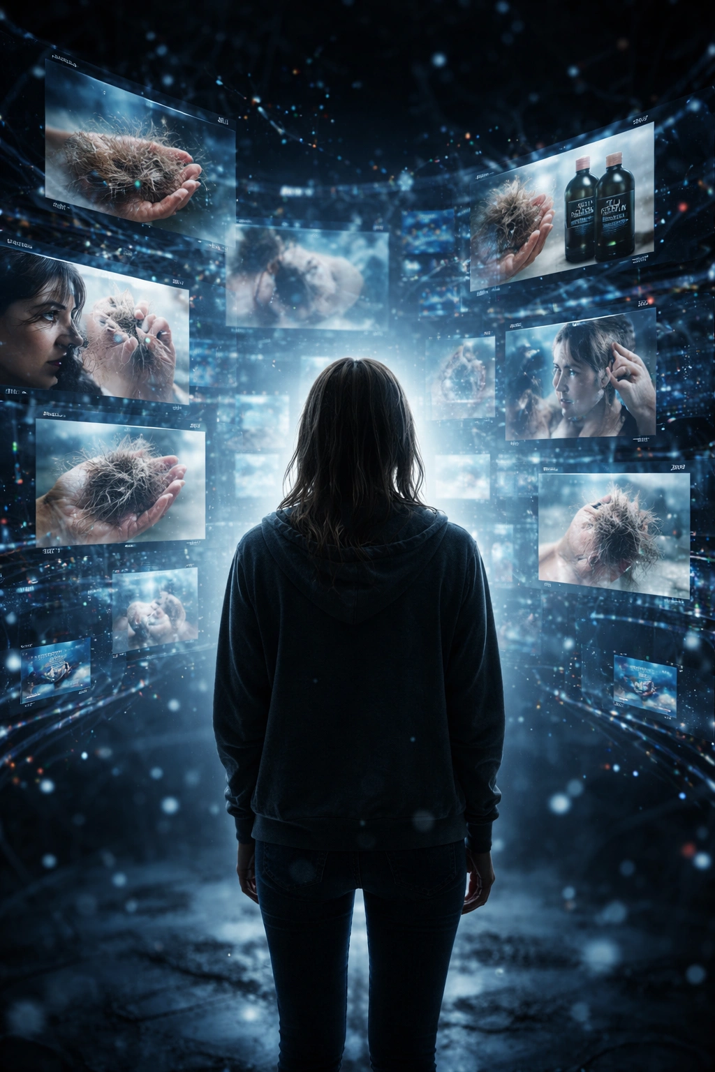 A solitary person surrounded by floating abstract screens representing a viral panic over a shampoo controversy.