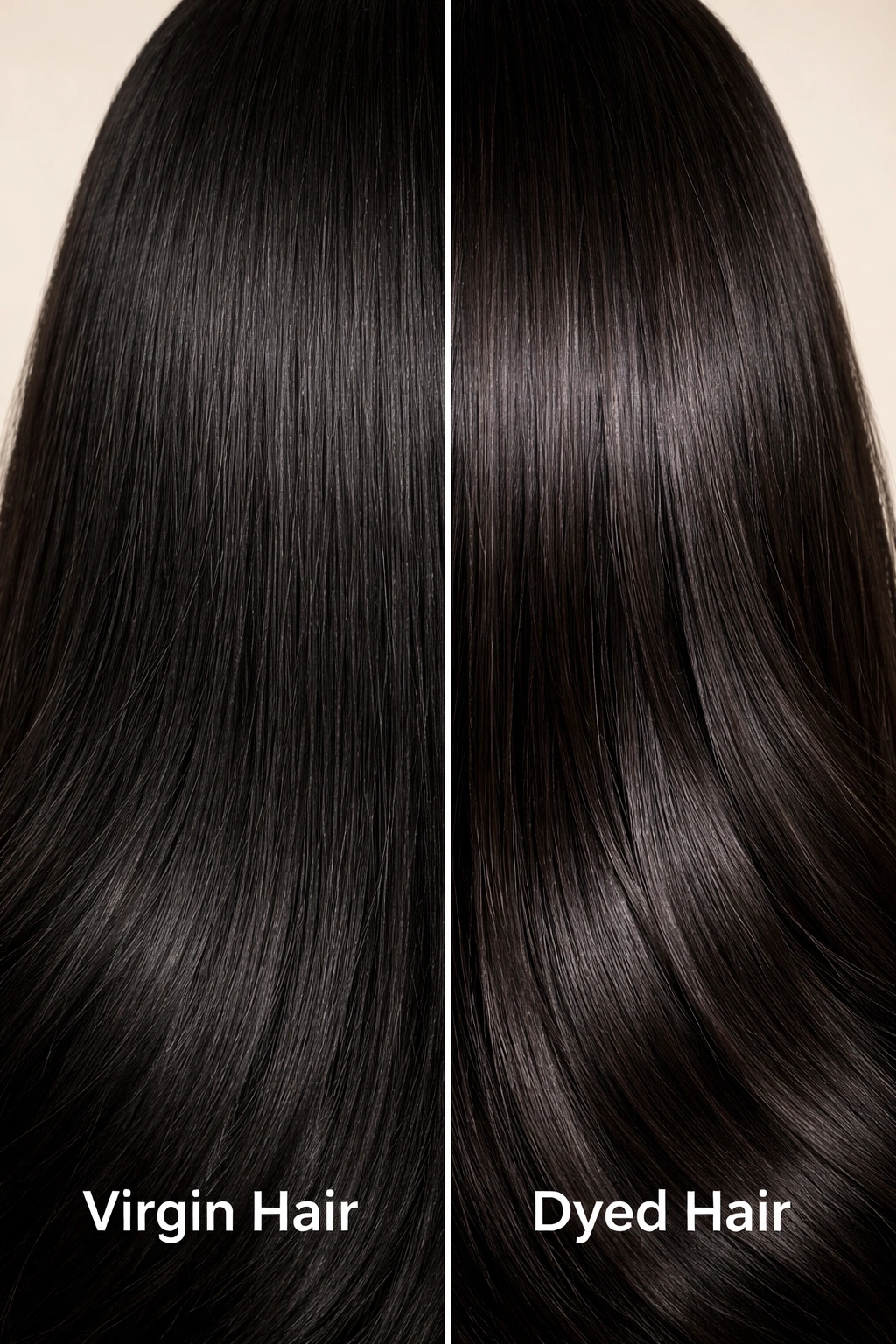 Split-view of virgin black hair and dyed black hair textures