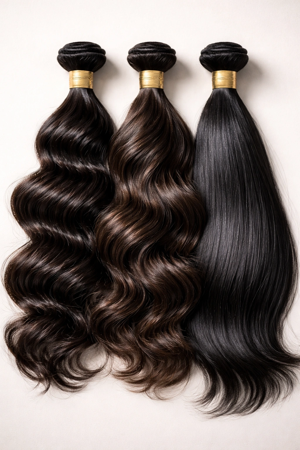 Three virgin hair bundles with distinct textures and colors