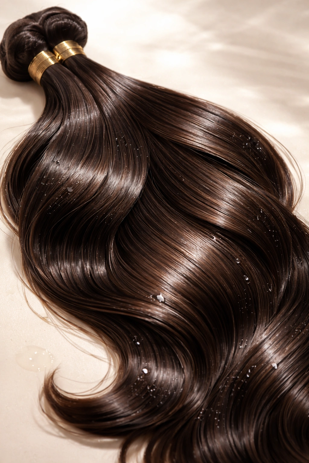 Hydrated virgin hair extension close-up showing moisture and smooth texture