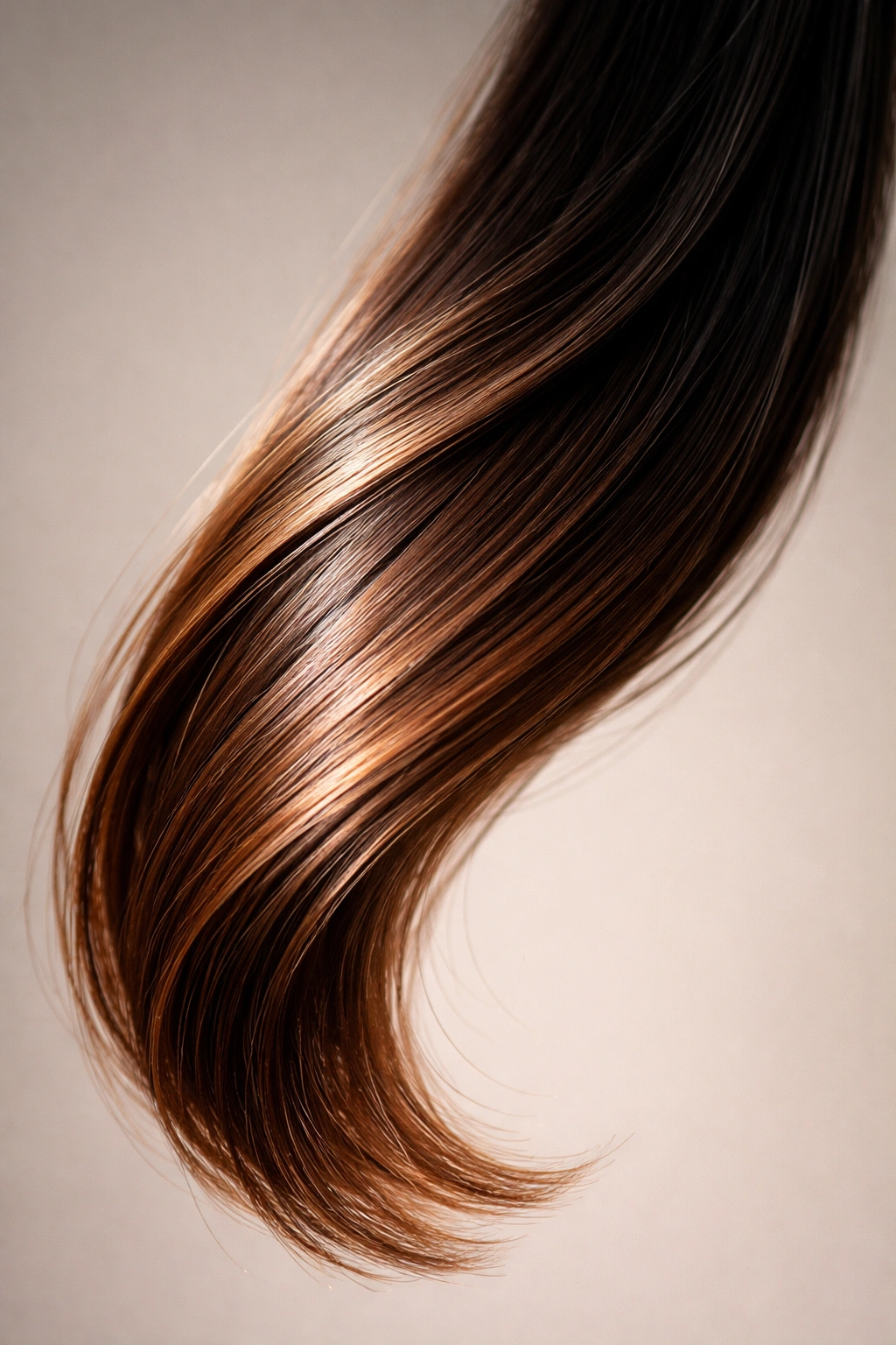 Close-up of virgin hair strand showing natural color variation and healthy ends