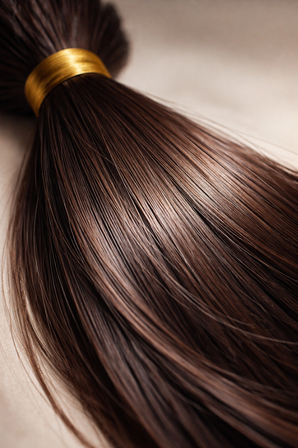 Close-up of natural-color virgin hair bundle with aligned cuticles