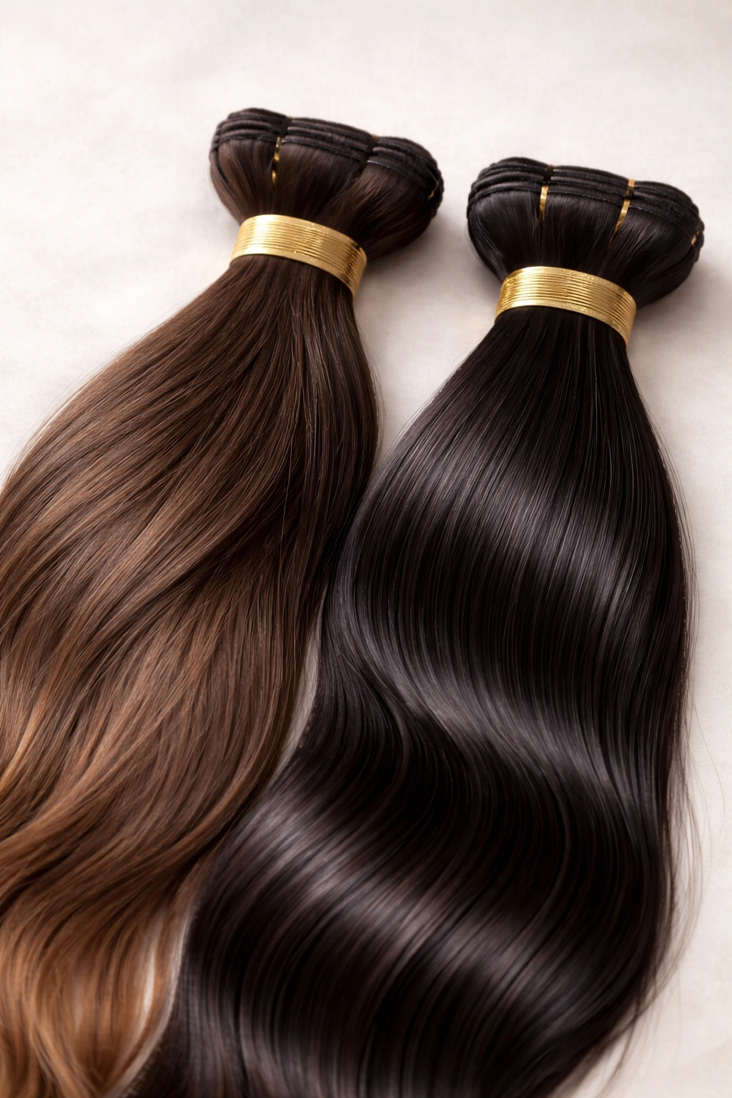 Two hair wefts representing virgin and Remy quality differences.
