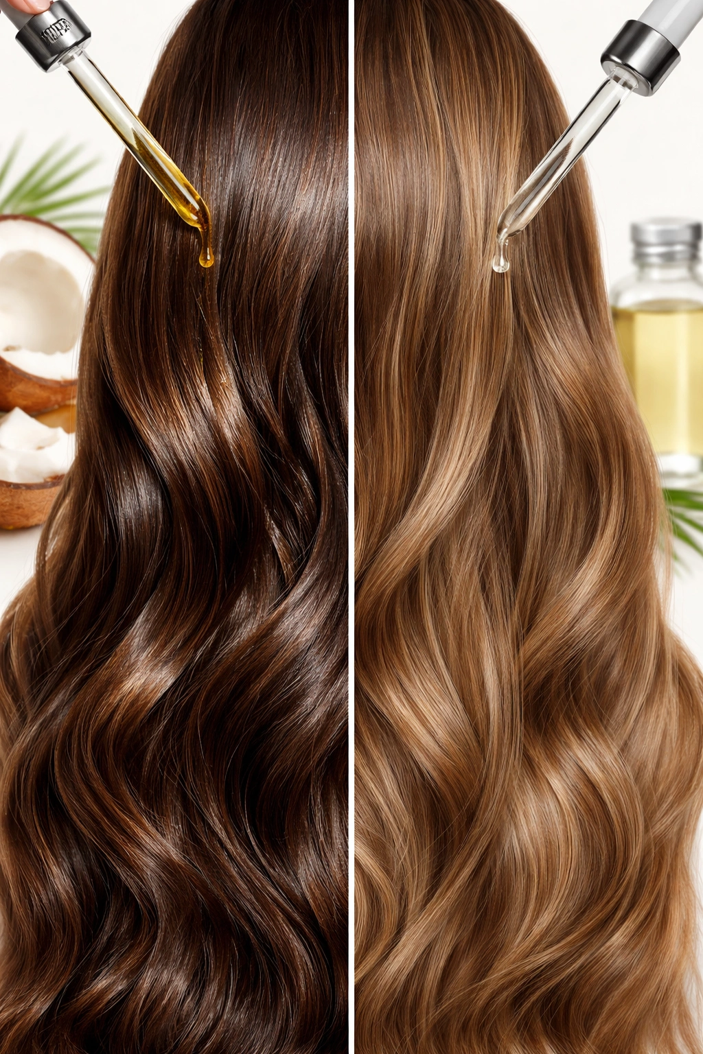Hair with two oil textures showing virgin vs refined coconut oil.
