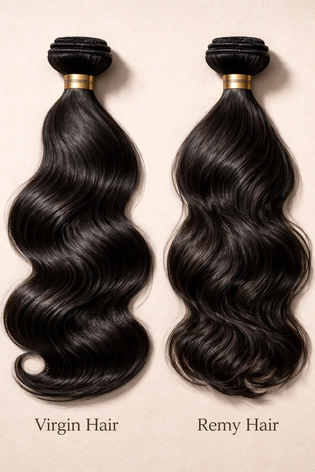 Side-by-side hair bundles showing virgin vs Remy characteristics
