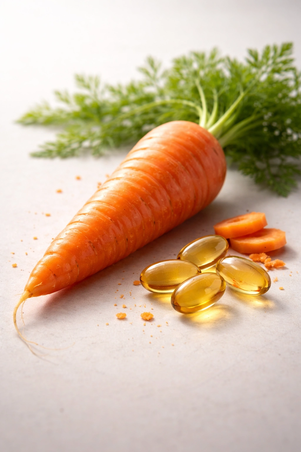 Close-up of a single carrot on a neutral background, representing vitamin A