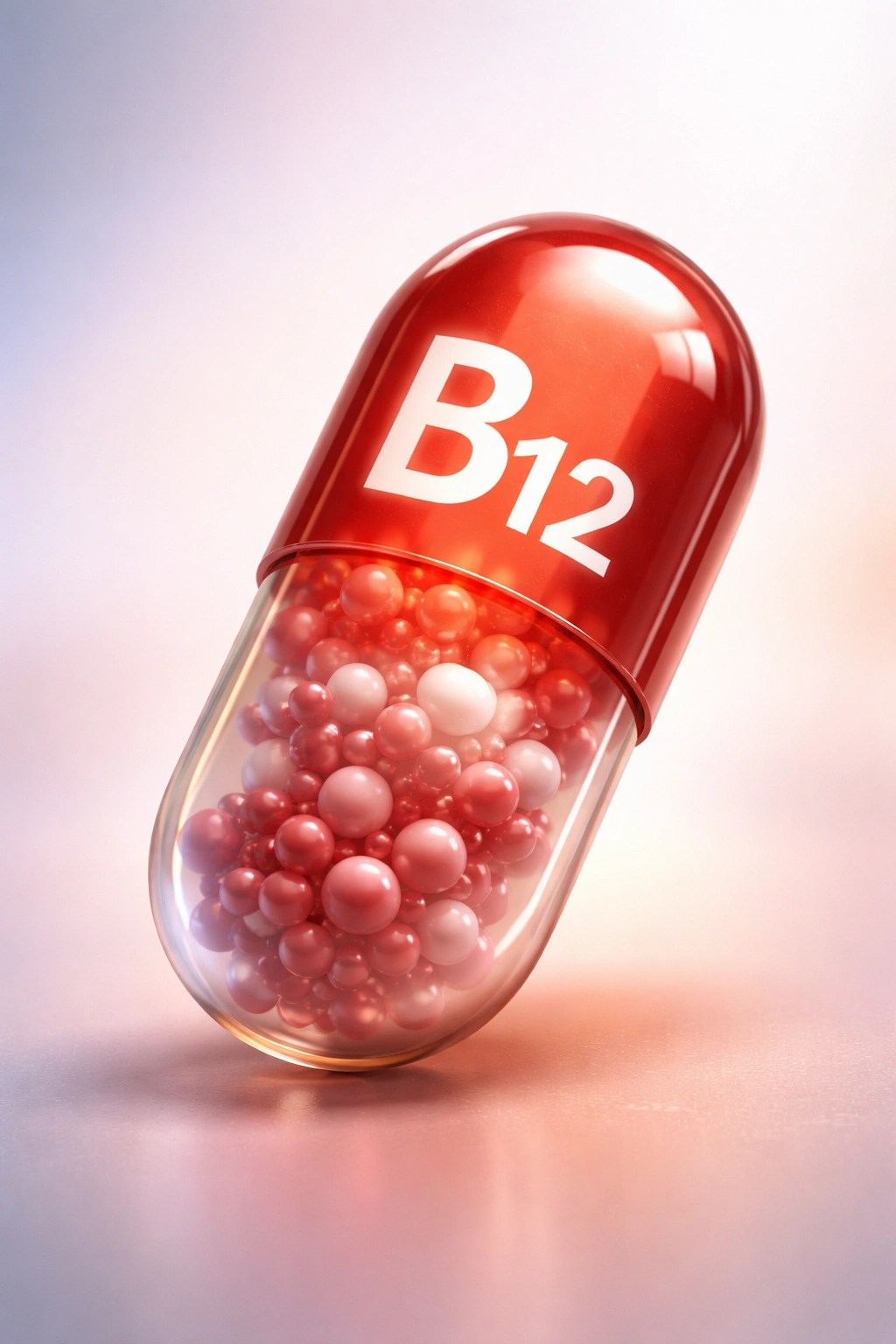 B12 molecule against a gradient background representing deficiency risk groups.
