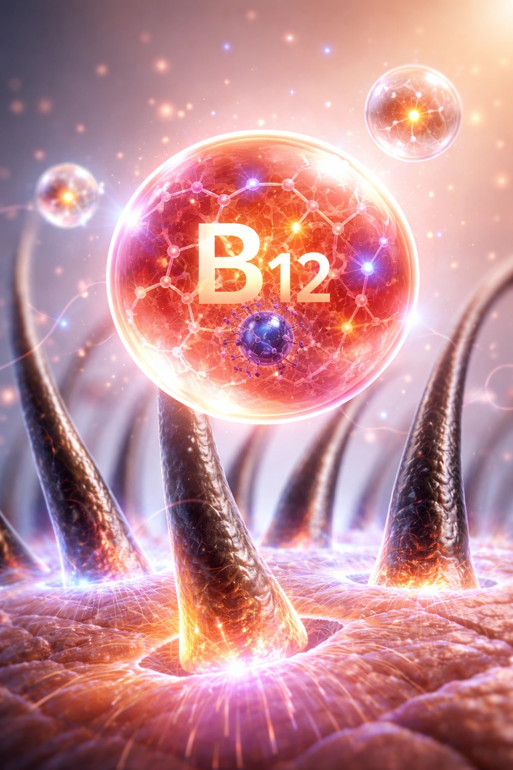 Vitamin B12 molecule with glow representing support for cellular processes behind hair health.