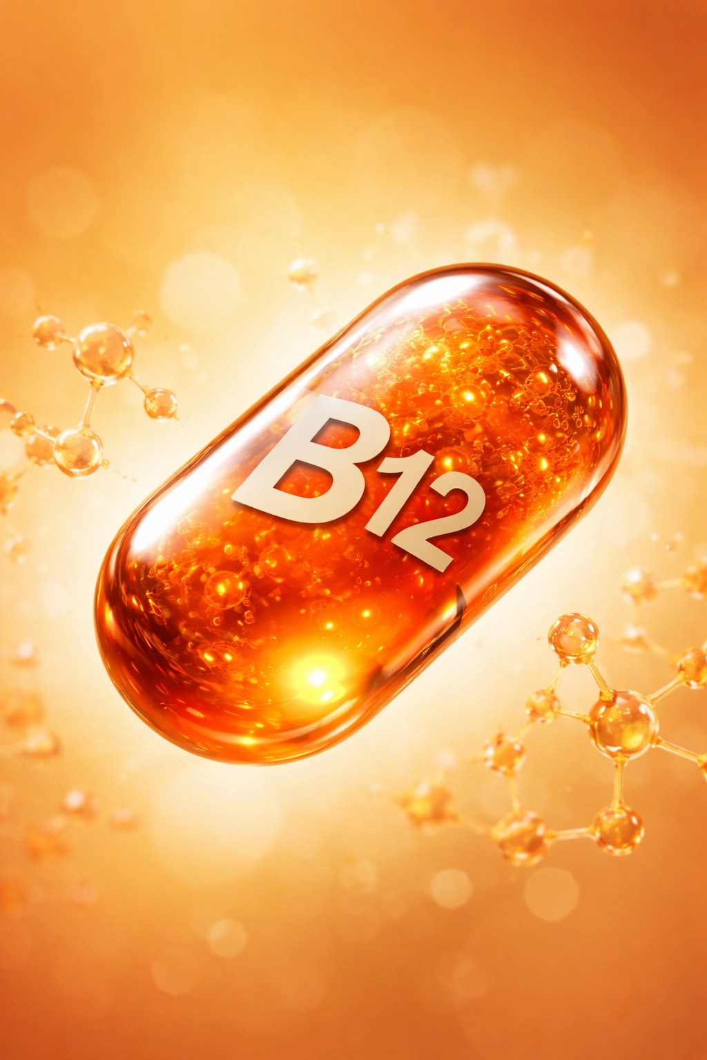 B12 molecule on warm gradient background, nutrition-focused.
