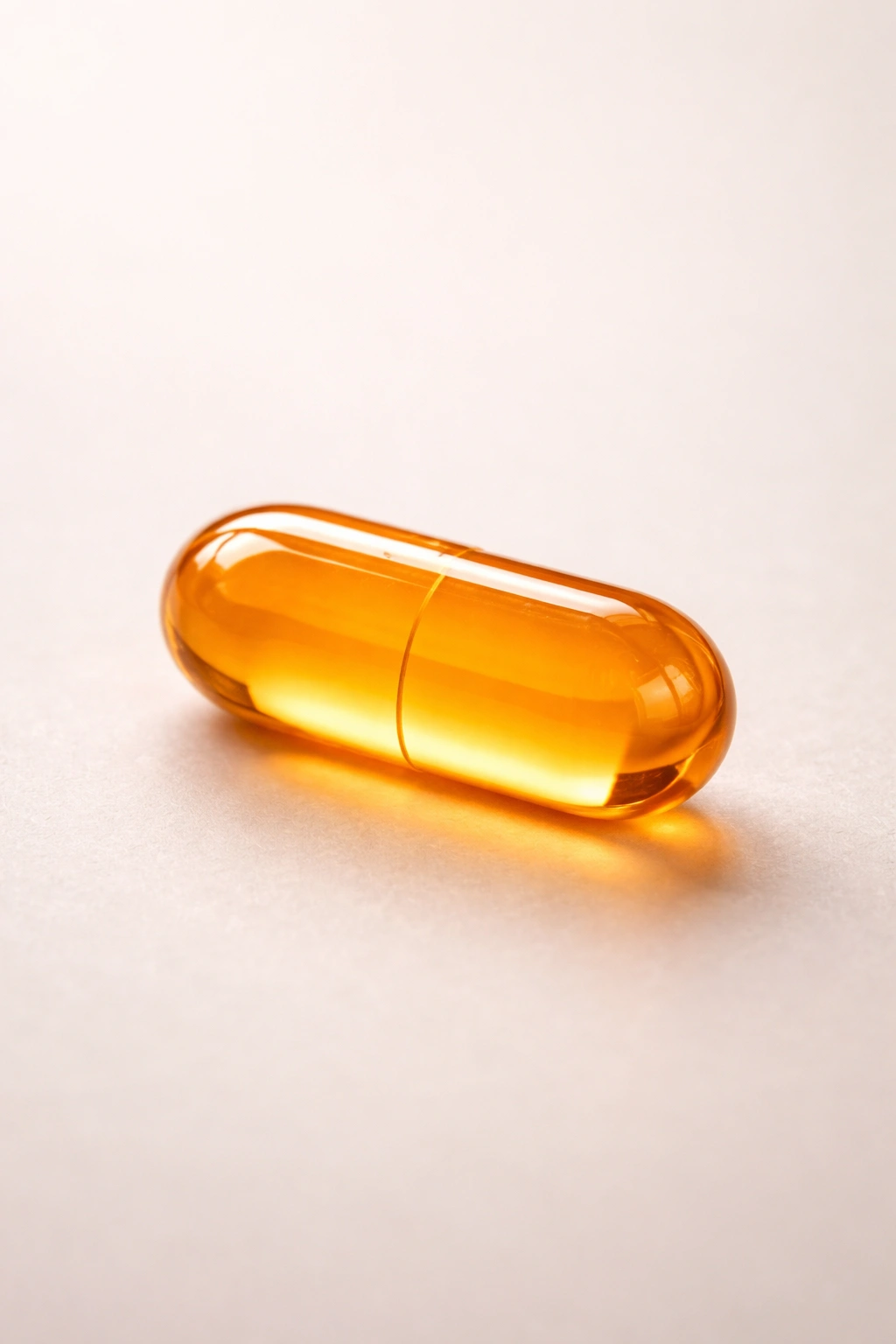 Close-up of a bright orange vitamin C capsule on a neutral background