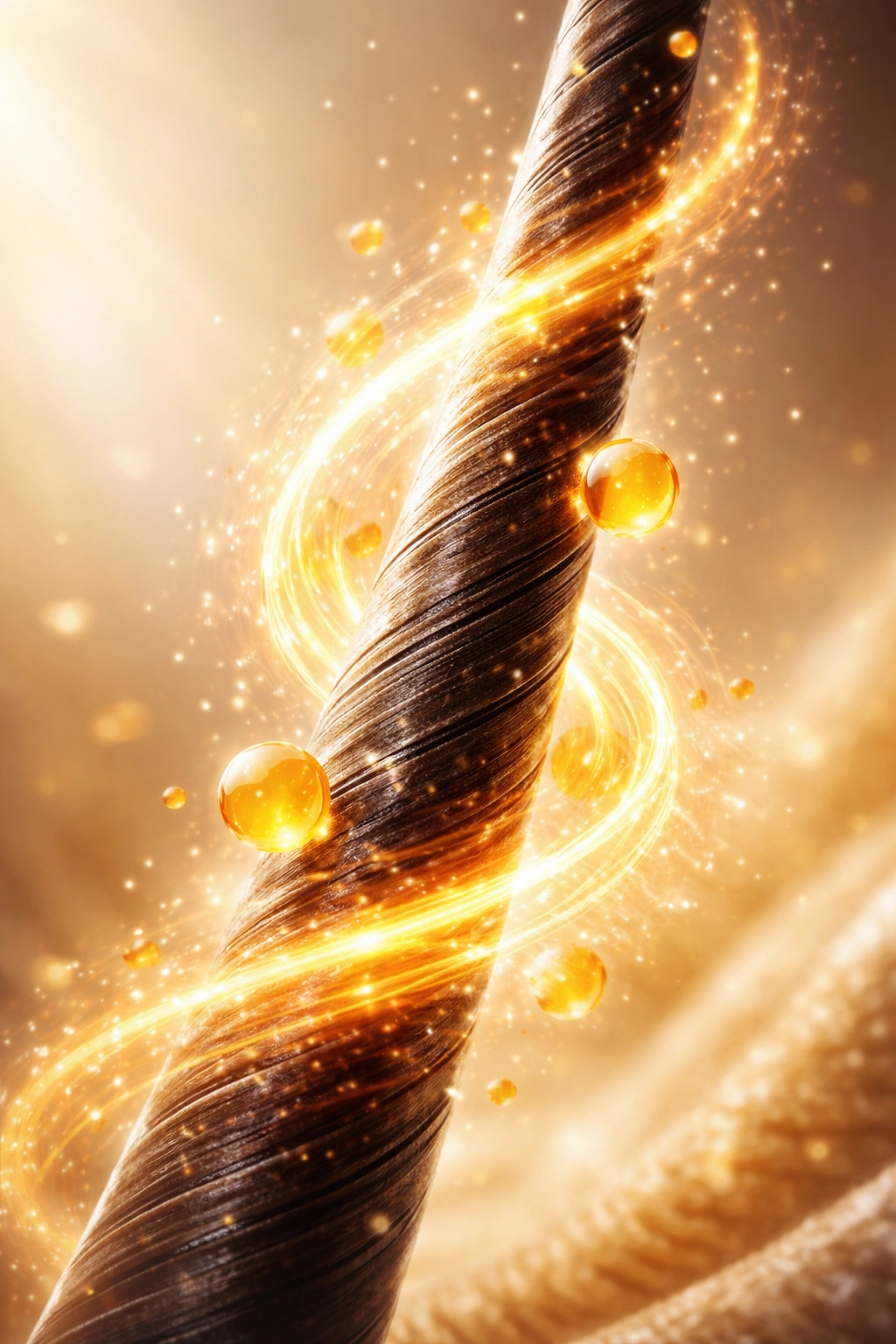 Hair strand with bright energy glow suggesting vitamin C antioxidant protection