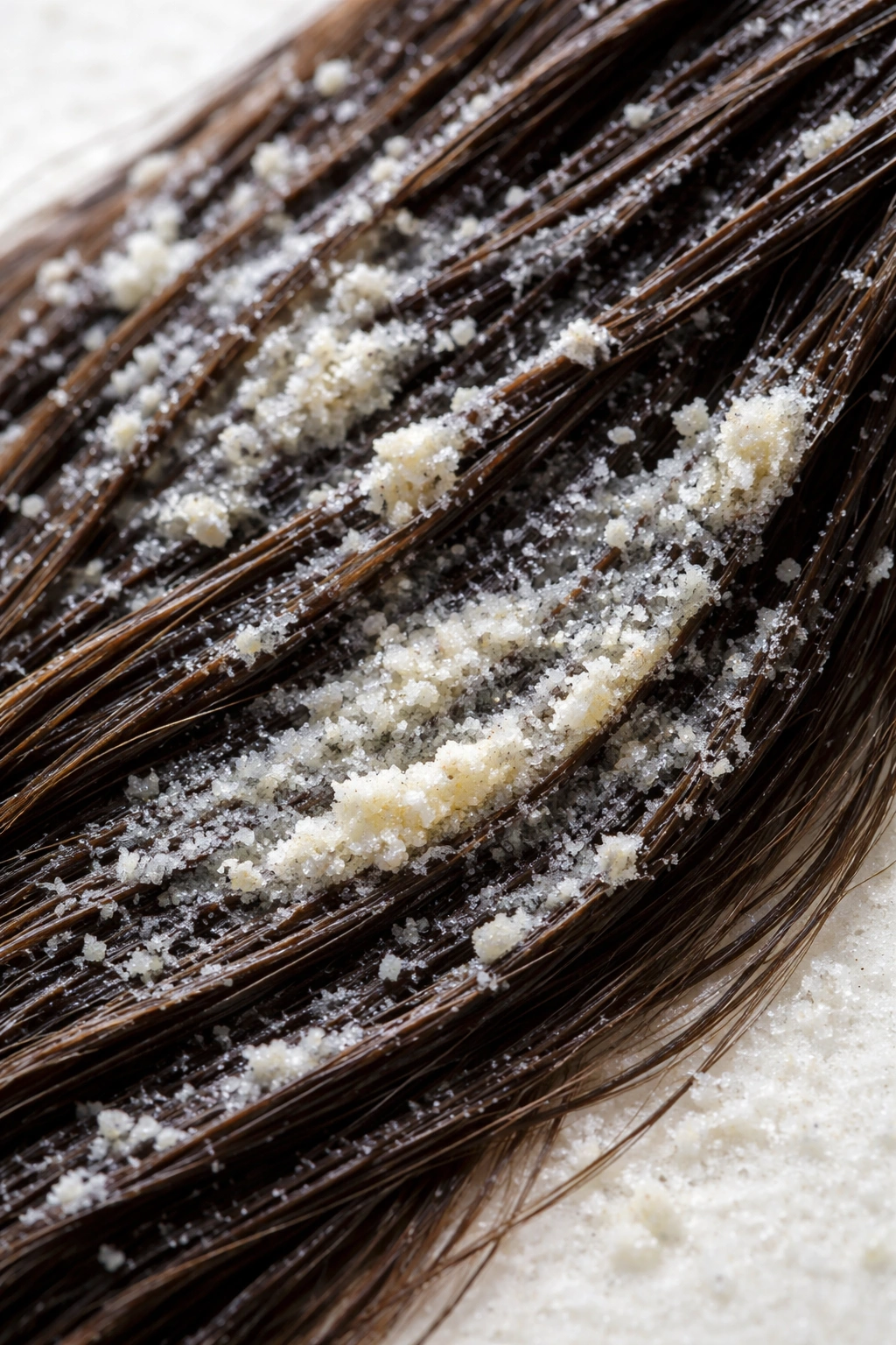 Gritty vitamin C and clarifying shampoo paste on hair strands