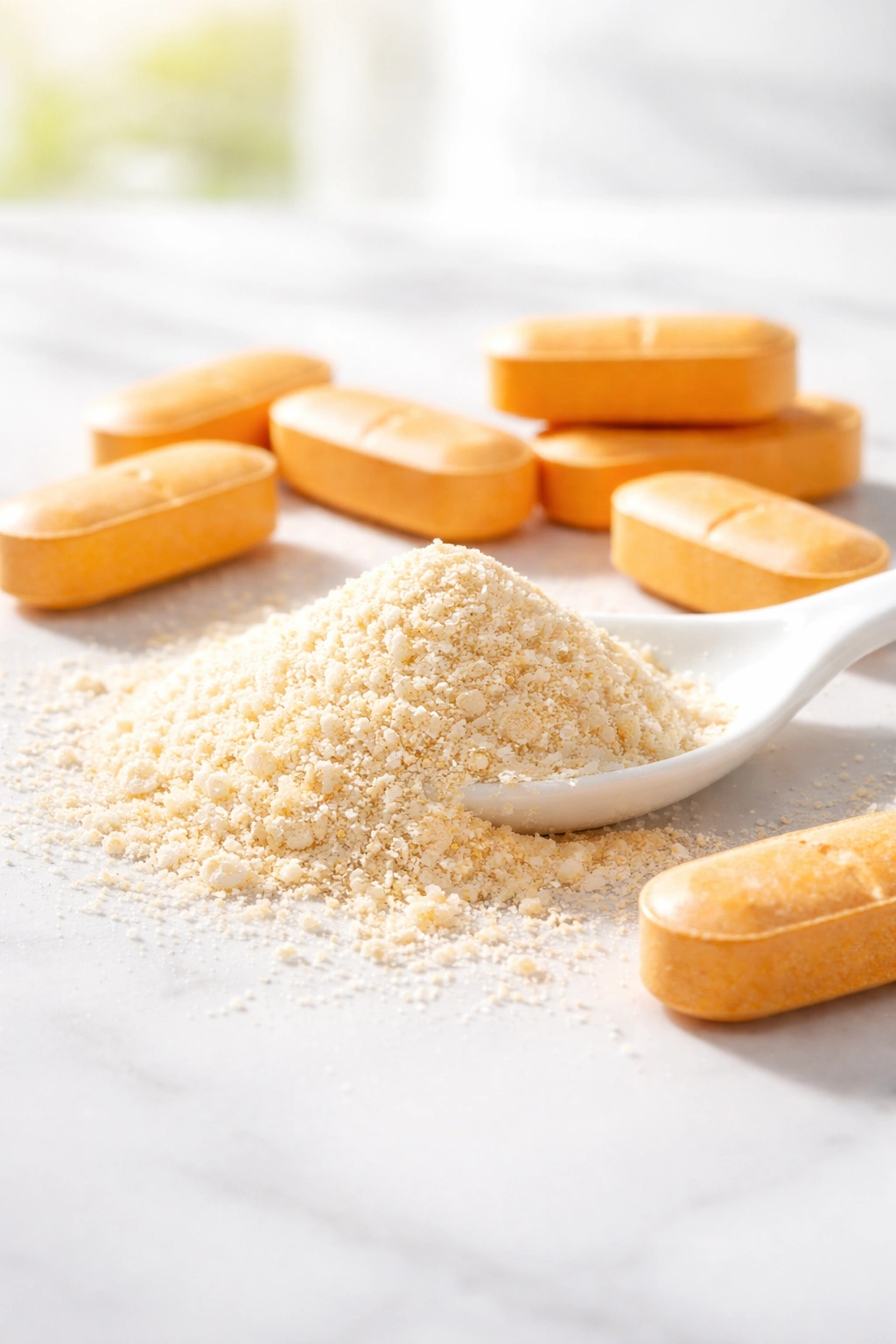 Close-up of orange vitamin C tablets and powder on a white surface