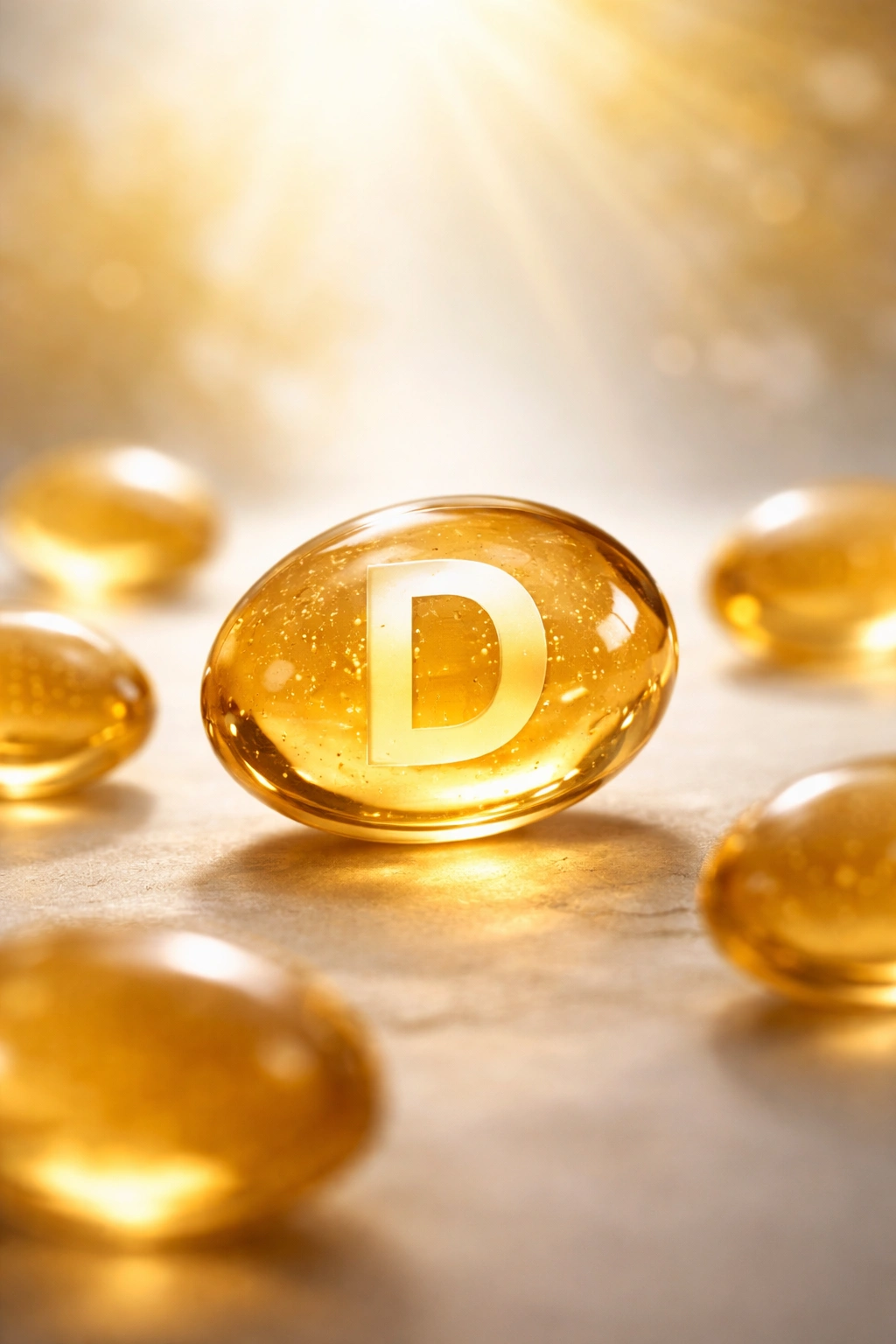 Vitamin D molecule with a muted sunbeam background suggesting deficiency