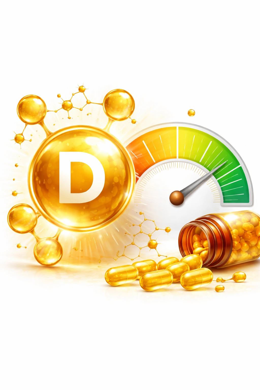 Vitamin D molecule near a measurement gauge symbolizing dosing
