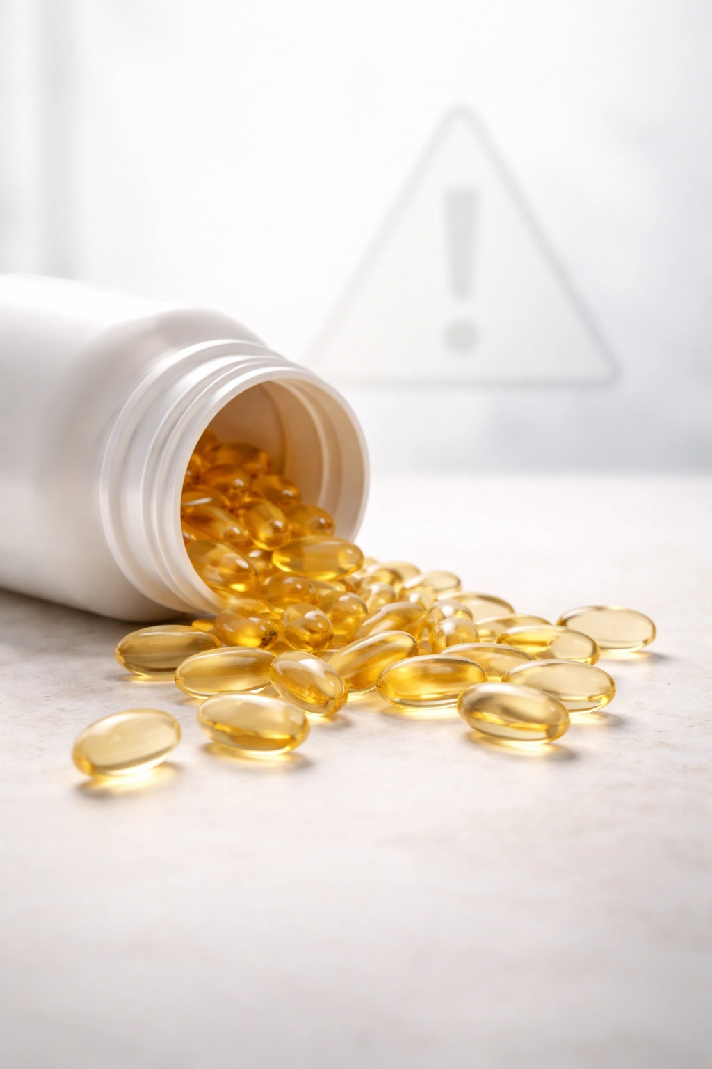 Vitamin D bottle with spilled capsules and a warning triangle indicating toxicity risk