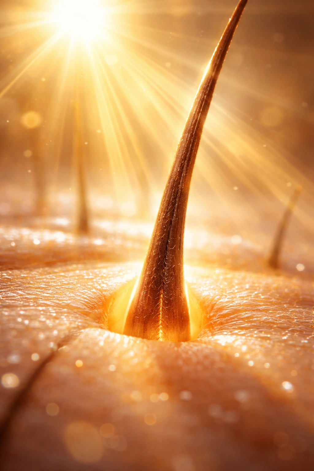 Hair follicle illuminated by warm sunlight suggesting vitamin D influence