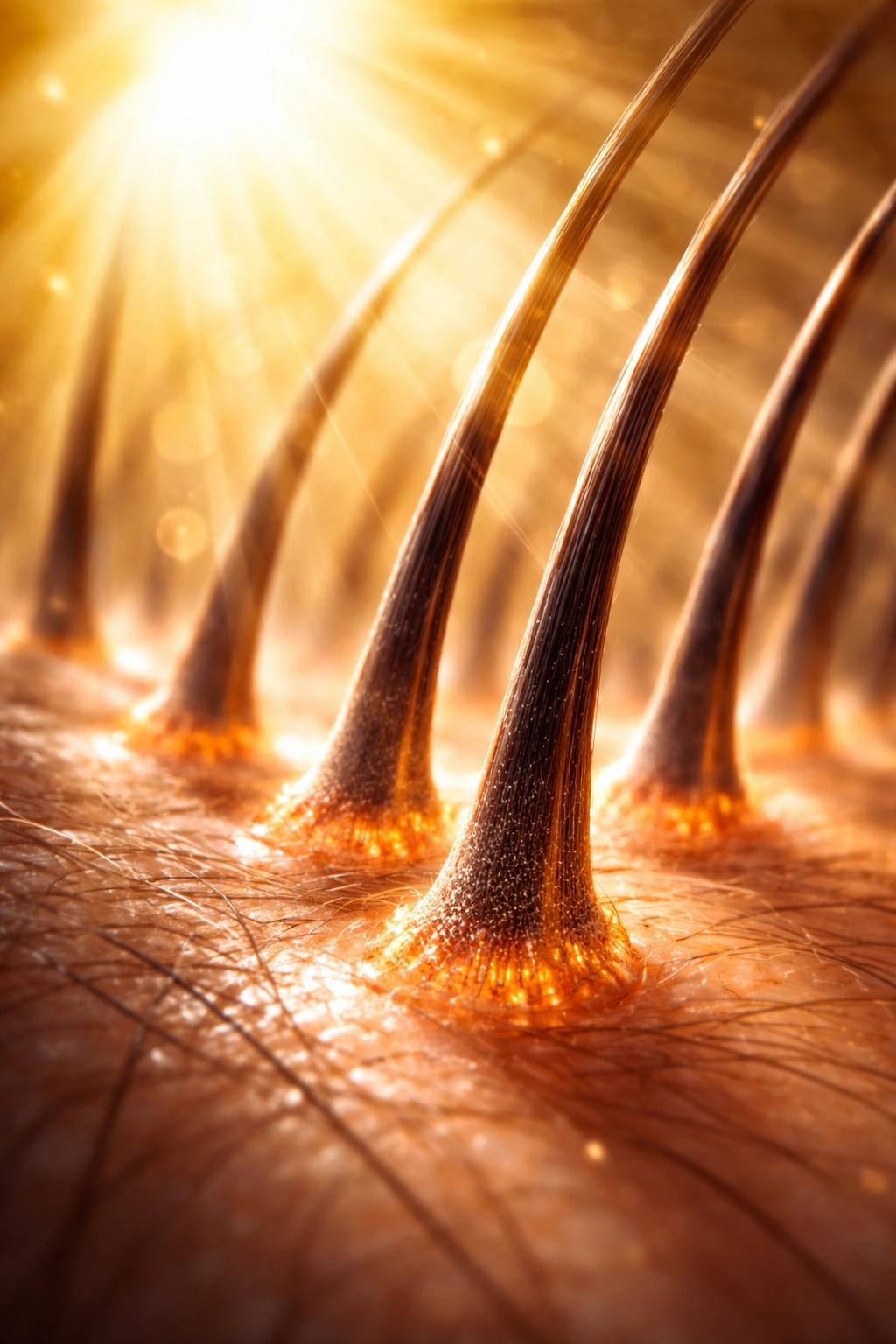 Hair follicle close-up bathed in warm sunlight illustrating vitamin D influence