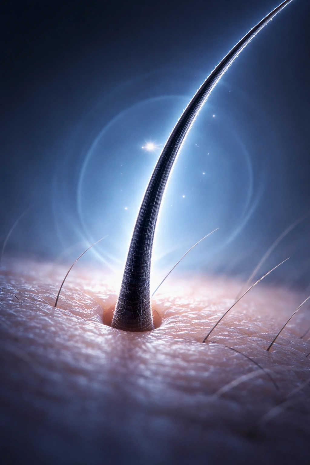 Hair strand under cool lighting representing vitamin D's role in hair growth.