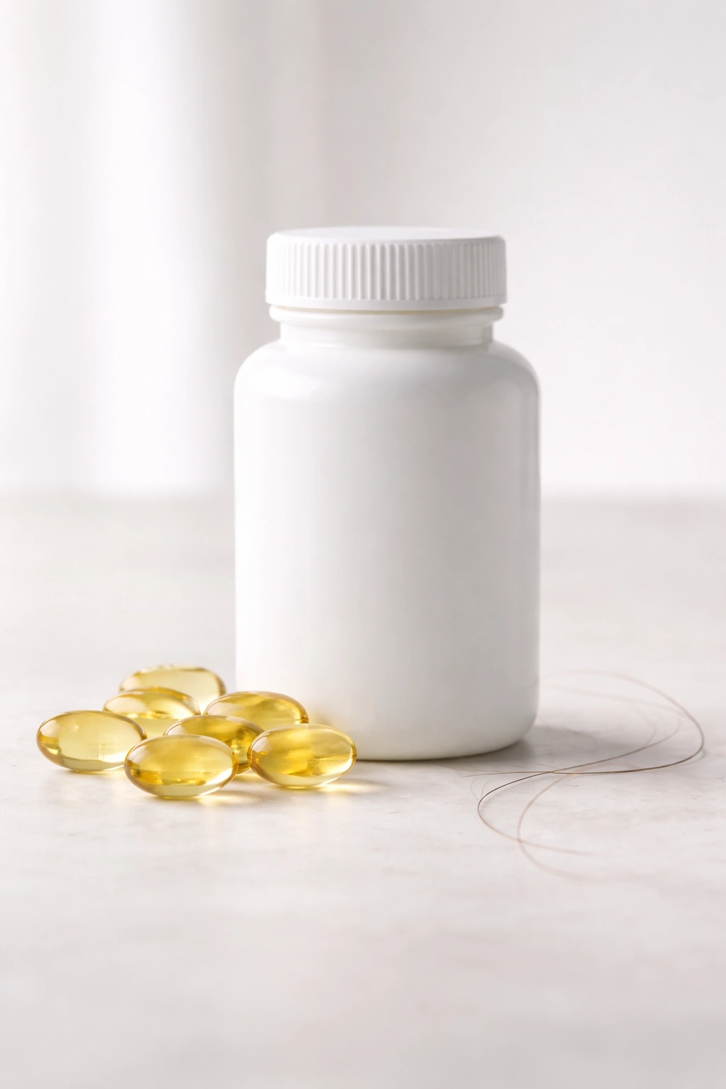 Plain white vitamin D bottle with capsules and a hair strand, suggesting hair loss connection