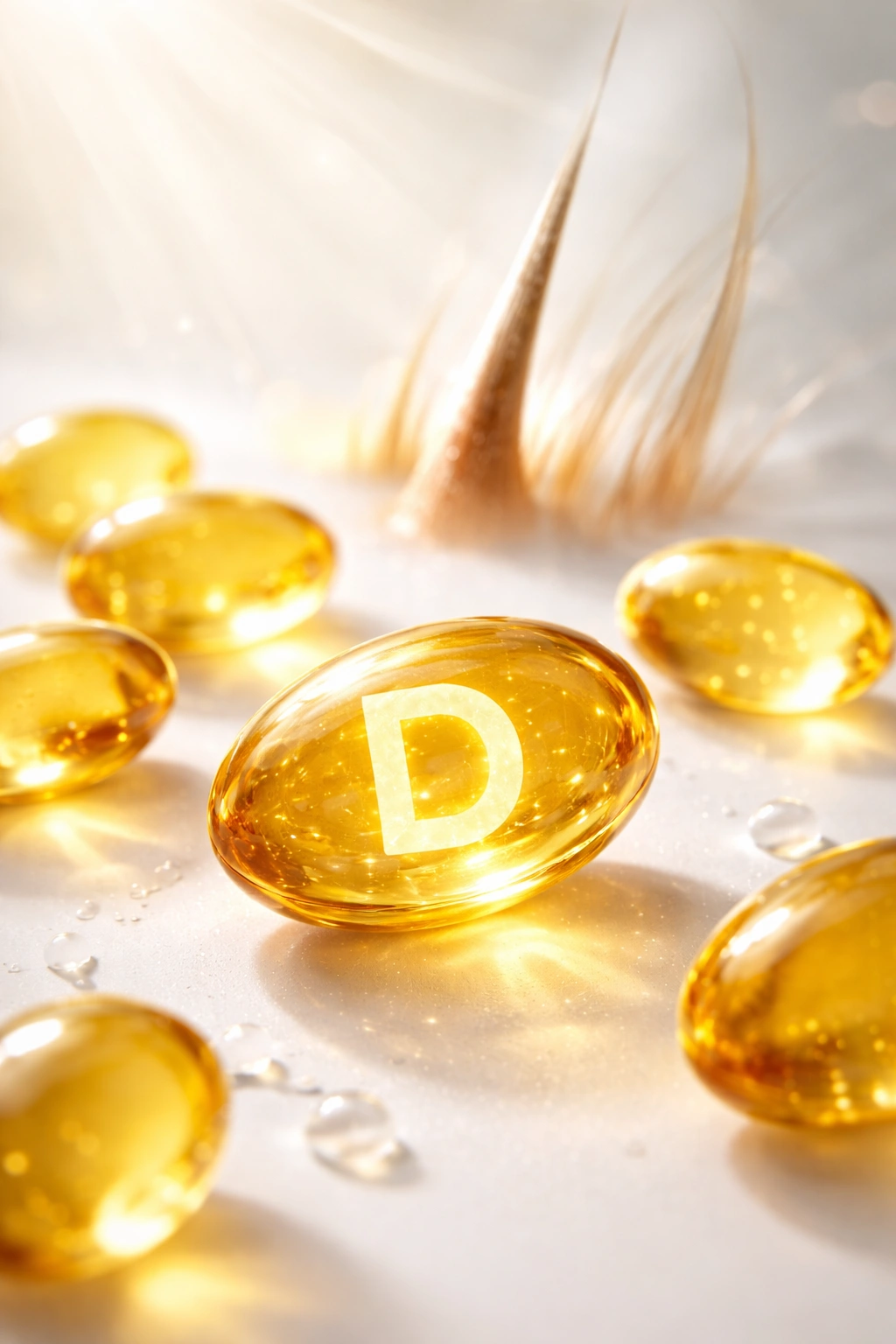 Close-up of a vitamin D molecule with a faint hair follicle silhouette in the background